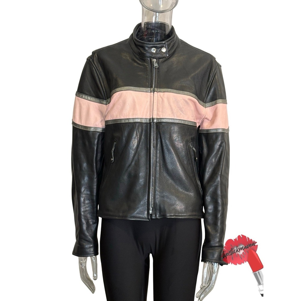 Women's "Hot Leathers" Motorcycle Moto Jacket Black‎ w/Pink Band sz XL Leather